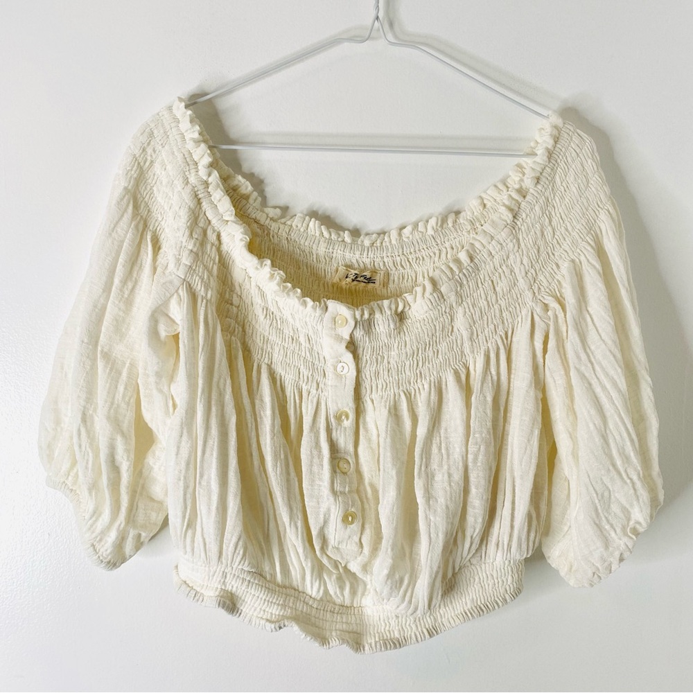 We The Free Ivory Smocked Puff Sleeve Crop Top